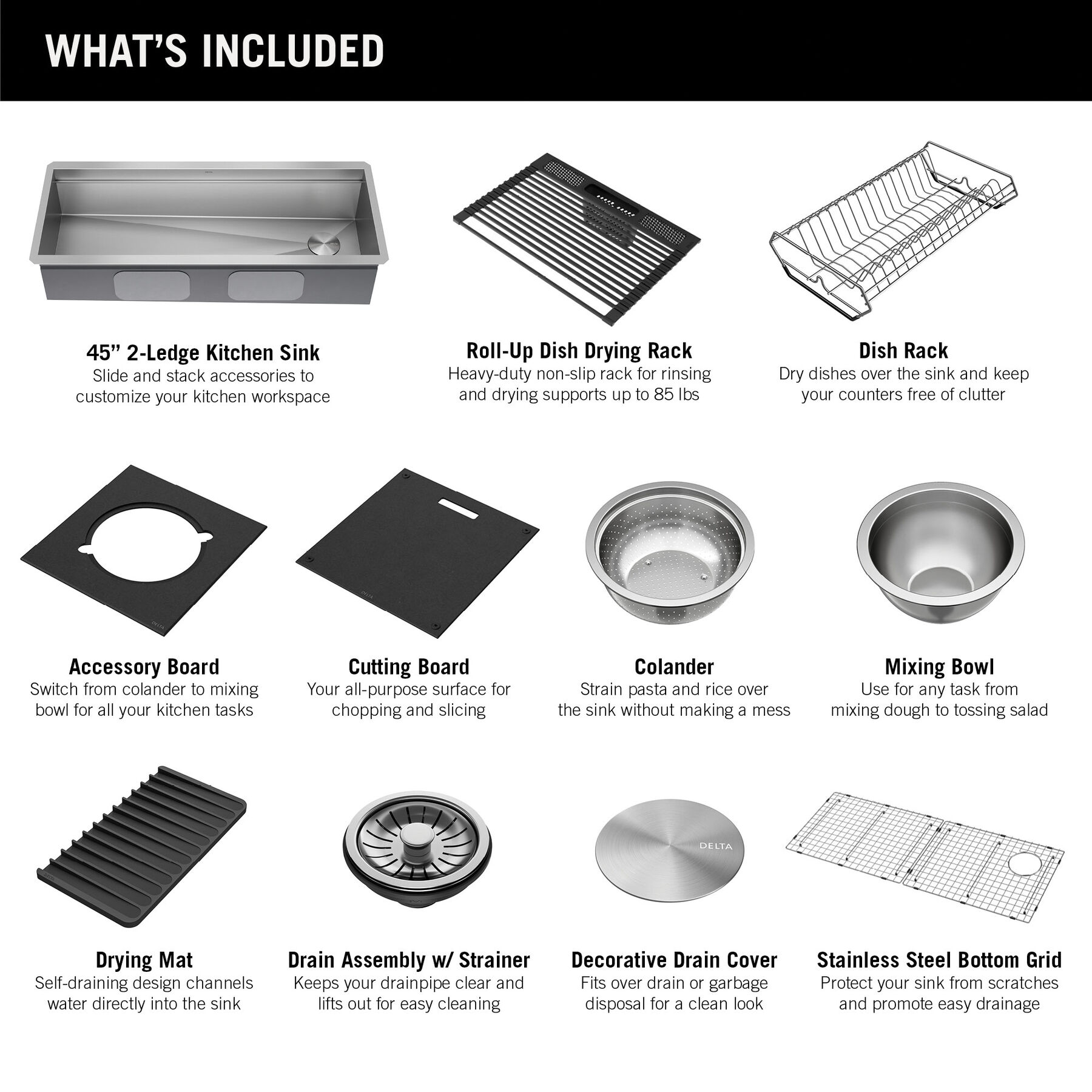 45” Workstation Undermount Single Bowl 16 Gauge Stainless Steel Kitchen Sink with 2-Tier WorkFlow™ Ledge and Accessories, image 5